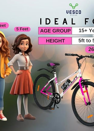 VESCO Bella 26T Ladies Cycle for Women | Single Speed | Rigid Fork | Frame 16 Inch | Ideal for 13+ Years Girls City Bike (Pink) 
