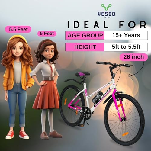 VESCO Bella 26T Ladies Cycle for Women | Single Speed | Rigid Fork | Frame 16 Inch | Ideal for 13+ Years Girls City Bike (Pink) 