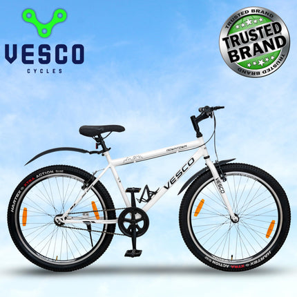 VESCO Downtown 26 T Cycle for Men with Rigid Fork/Single Speed Hybrid Bicycle | Frame 19 Inch | Ideal for 13+ Years Boys and Adult (White) 