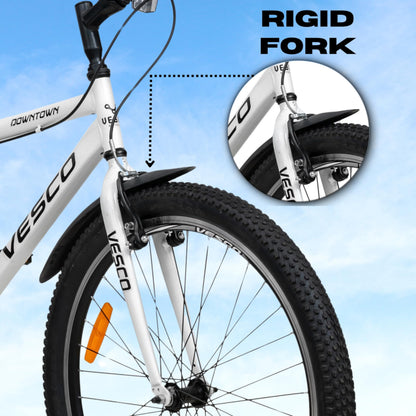 VESCO Downtown 26 T Cycle for Men with Rigid Fork/Single Speed Hybrid Bicycle | Frame 19 Inch | Ideal for 13+ Years Boys and Adult (White) 