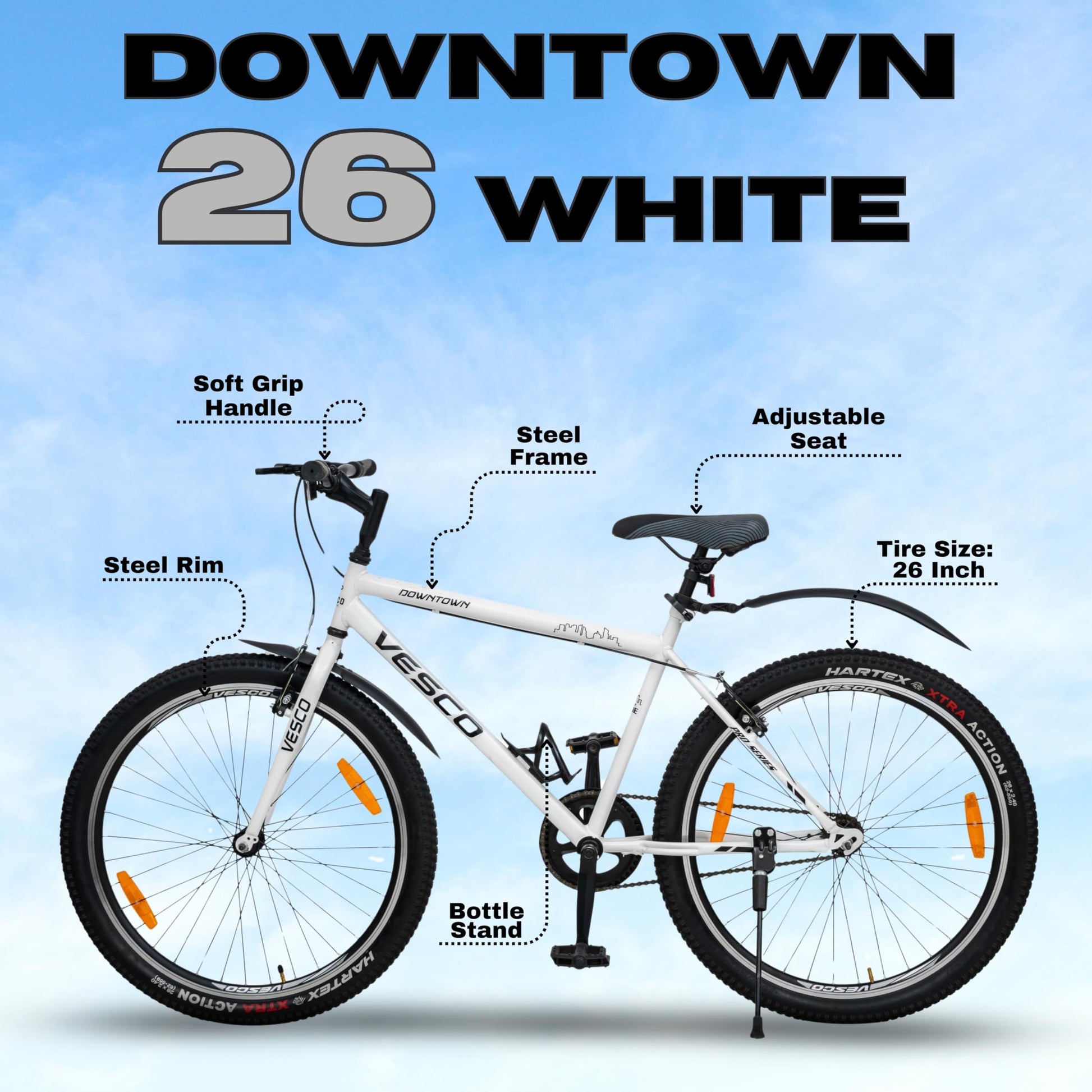 VESCO Downtown 26 T Cycle for Men with Rigid Fork/Single Speed Hybrid Bicycle | Frame 19 Inch | Ideal for 13+ Years Boys and Adult (White) 