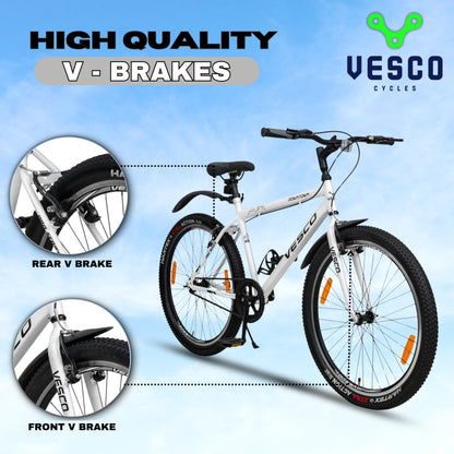VESCO Downtown 26 T Cycle for Men with Rigid Fork/Single Speed Hybrid Bicycle | Frame 19 Inch | Ideal for 13+ Years Boys and Adult (White) 