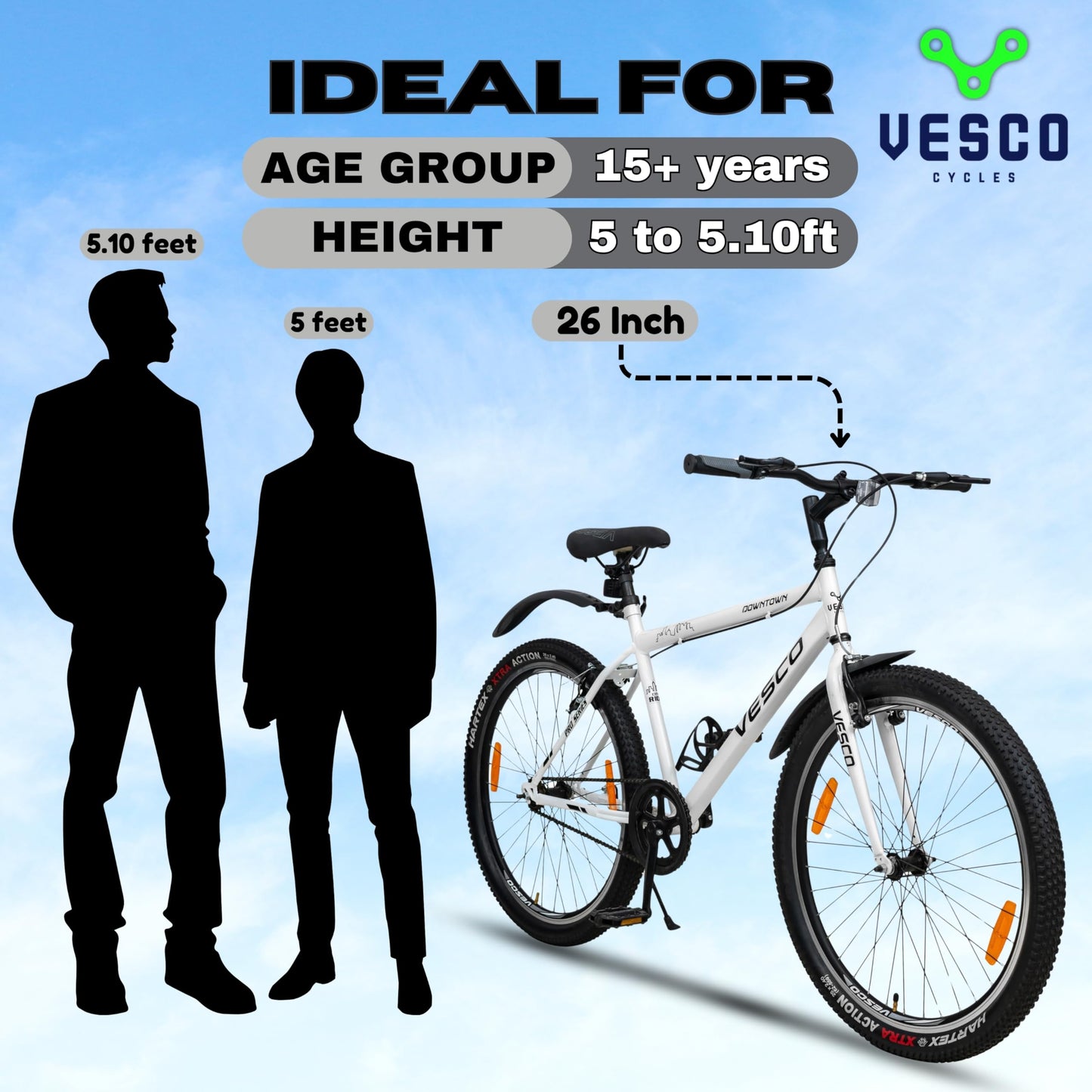 VESCO Downtown 26 T Cycle for Men with Rigid Fork/Single Speed Hybrid Bicycle | Frame 19 Inch | Ideal for 13+ Years Boys and Adult (White) 