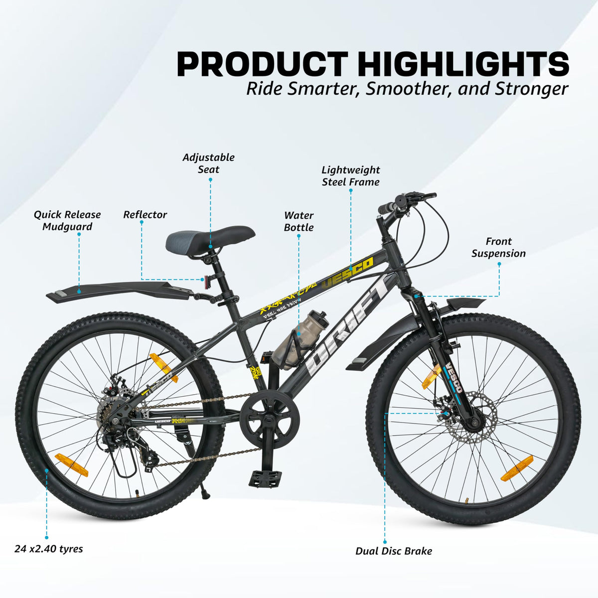 VESCO Drift 24 T Cycle 7 Speed Gear | Kids Cycle for Boys 9-13 Age | 16 inch Frame | Mountain Bicycle with Front Suspension & Dual Disc Brakes | Ideal for Kids 10-12 Years (Charcoal Grey) 