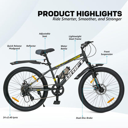 VESCO Drift 24 T Cycle 7 Speed Gear | Kids Cycle for Boys 9-13 Age | 16 inch Frame | Mountain Bicycle with Front Suspension & Dual Disc Brakes | Ideal for Kids 10-12 Years (Charcoal Grey) 