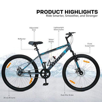 VESCO Drift 26 T MTB Cycle for Men with Front Suspension/Disc Brake/Single Speed Mountain Bicycle | Ideal for Adult & Boys (Grey),18 inches 