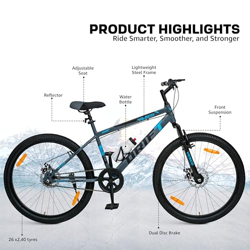 VESCO Drift 26 T MTB Cycle for Men with Front Suspension/Disc Brake/Single Speed Mountain Bicycle | Ideal for Adult & Boys (Grey),18 inches 