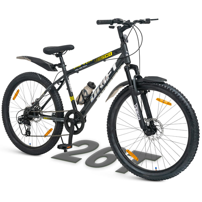 VESCO Drift 26T Cycle 7 Speed Gear | Cycle for Men/Boys 15+ Age | 18 inch Frame | Mountain Bicycle with Front Suspension & Dual Disc Brakes | Ideal for Men/Women (Charcoal Grey) 