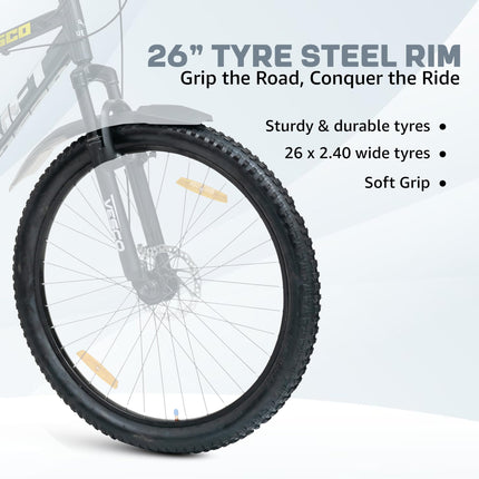 VESCO Drift 26T Cycle 7 Speed Gear | Cycle for Men/Boys 15+ Age | 18 inch Frame | Mountain Bicycle with Front Suspension & Dual Disc Brakes | Ideal for Men/Women (Charcoal Grey) 