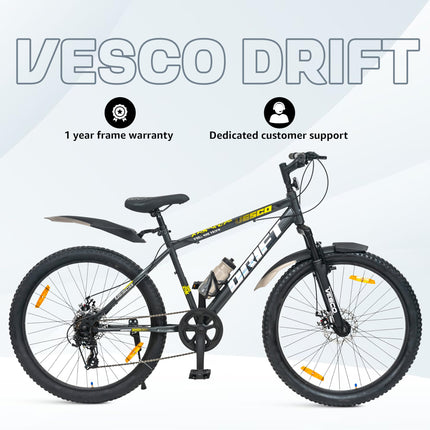 VESCO Drift 26T Cycle 7 Speed Gear | Cycle for Men/Boys 15+ Age | 18 inch Frame | Mountain Bicycle with Front Suspension & Dual Disc Brakes | Ideal for Men/Women (Charcoal Grey) 
