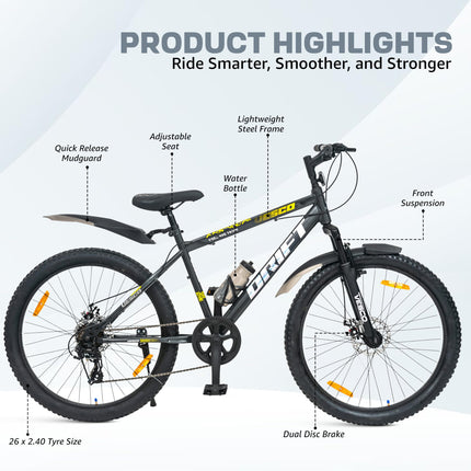 VESCO Drift 26T Cycle 7 Speed Gear | Cycle for Men/Boys 15+ Age | 18 inch Frame | Mountain Bicycle with Front Suspension & Dual Disc Brakes | Ideal for Men/Women (Charcoal Grey) 