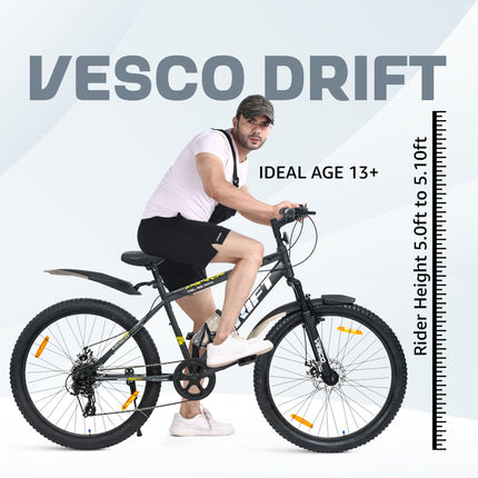 VESCO Drift 26T Cycle 7 Speed Gear | Cycle for Men/Boys 15+ Age | 18 inch Frame | Mountain Bicycle with Front Suspension & Dual Disc Brakes | Ideal for Men/Women (Charcoal Grey) 