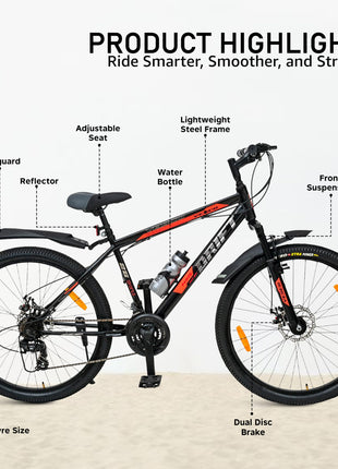 VESCO Drift NXG 26T MTB 21 Speed Gear Cycle with Front Suspension and Dual Disc Brake | Frame 18 Inch | Ideal for Adult Men & Women (Black) 