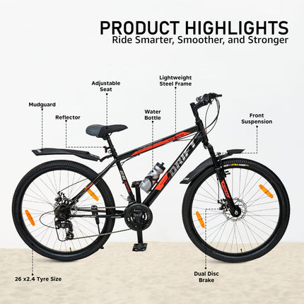 VESCO Drift NXG 26T MTB 21 Speed Gear Cycle with Front Suspension and Dual Disc Brake | Frame 18 Inch | Ideal for Adult Men & Women (Black) 