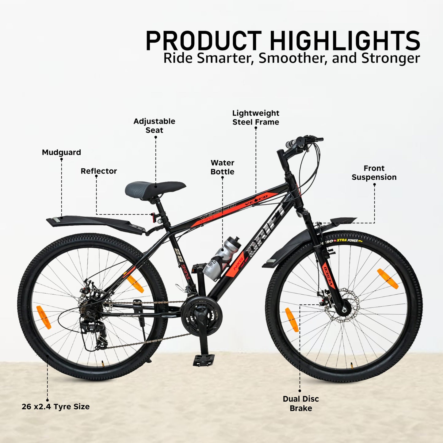 VESCO Drift NXG 26T MTB 21 Speed Gear Cycle with Front Suspension and Dual Disc Brake | Frame 18 Inch | Ideal for Adult Men & Women (Black) 