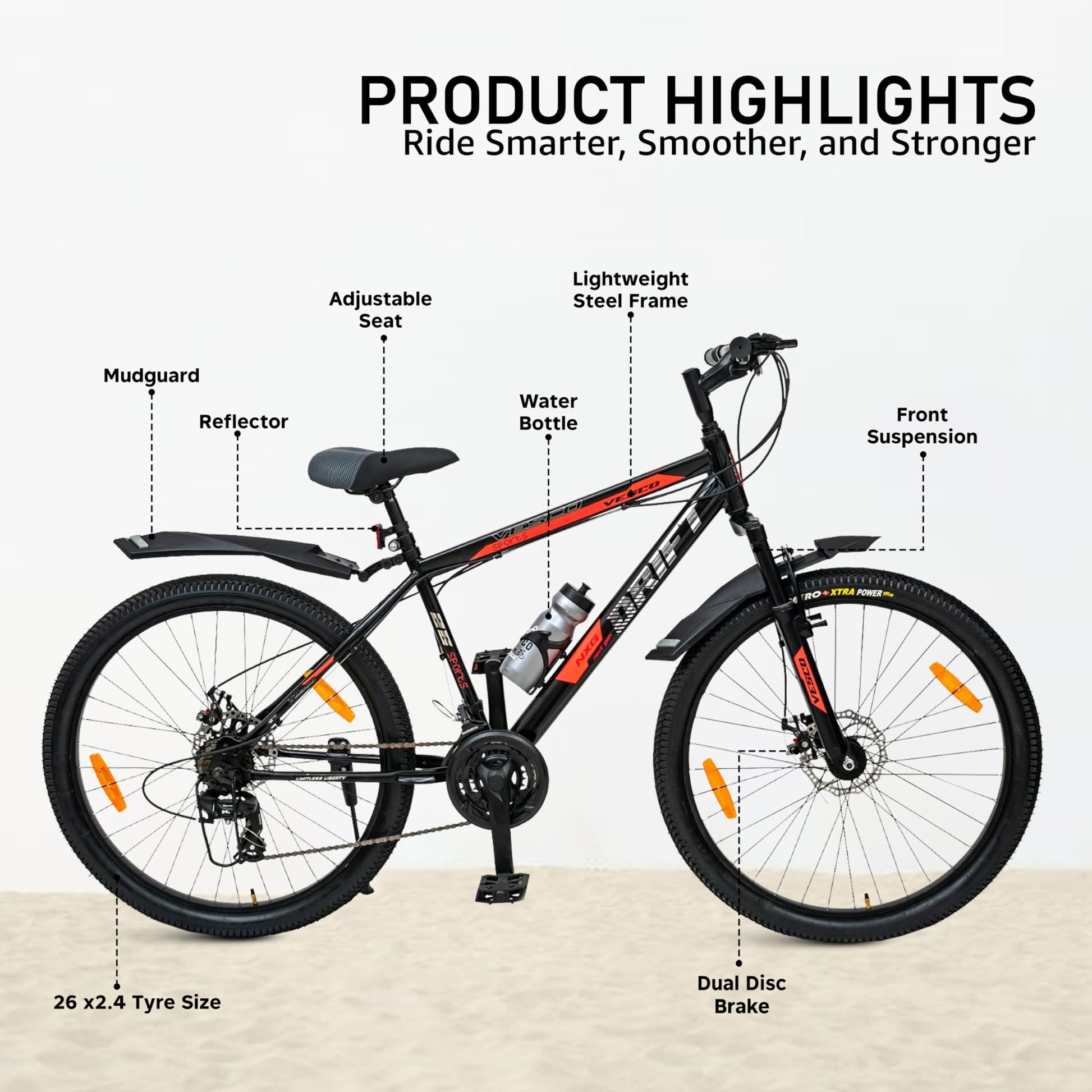 VESCO Drift NXG 26T MTB 21 Speed Gear Cycle with Front Suspension and Dual Disc Brake | Frame 18 Inch | Ideal for Adult Men & Women (Black) 