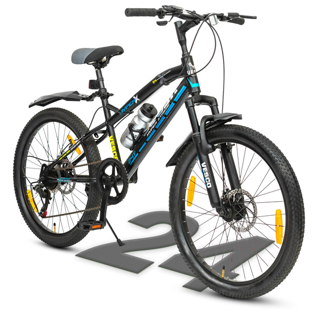 VESCO Hyper-X 24T MTB 7 Speed Gear Cycle for Boys & Girls | Dual Disc Brake | Front Suspension | 16 inch Frame | Ideal for Kids 10-12 Years Mountain Bike (Black) 