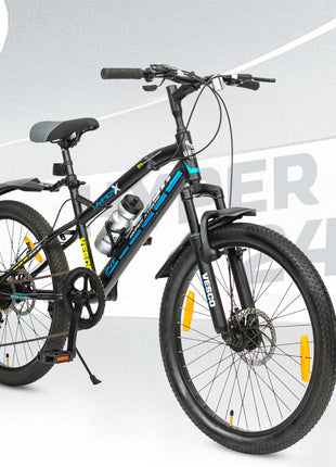 VESCO Hyper-X 24T MTB 7 Speed Gear Cycle for Boys & Girls | Dual Disc Brake | Front Suspension | 16 inch Frame | Ideal for Kids 10-12 Years Mountain Bike (Black) 