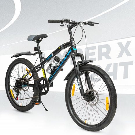VESCO Hyper-X 24T MTB 7 Speed Gear Cycle for Boys & Girls | Dual Disc Brake | Front Suspension | 16 inch Frame | Ideal for Kids 10-12 Years Mountain Bike (Black) 