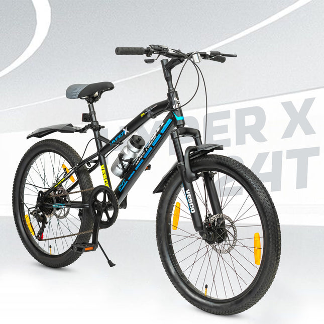VESCO Hyper-X 24T MTB 7 Speed Gear Cycle for Boys & Girls | Dual Disc Brake | Front Suspension | 16 inch Frame | Ideal for Kids 10-12 Years Mountain Bike (Black) 