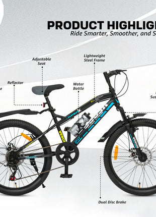VESCO Hyper-X 24T MTB 7 Speed Gear Cycle for Boys & Girls | Dual Disc Brake | Front Suspension | 16 inch Frame | Ideal for Kids 10-12 Years Mountain Bike (Black) 