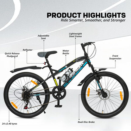 VESCO Hyper-X 24T MTB 7 Speed Gear Cycle for Boys & Girls | Dual Disc Brake | Front Suspension | 16 inch Frame | Ideal for Kids 10-12 Years Mountain Bike (Black) 