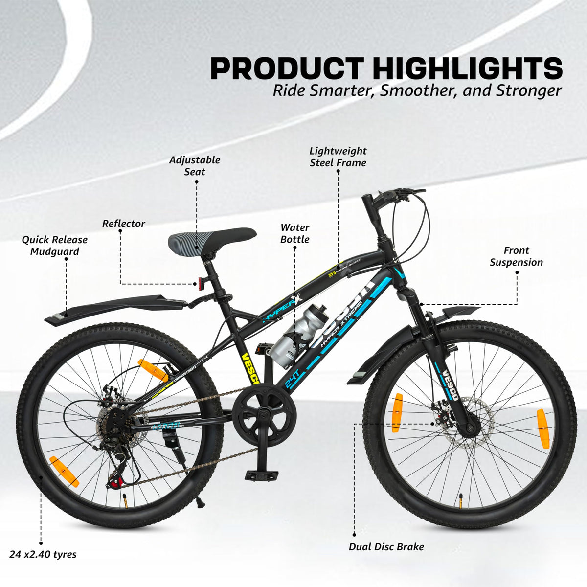 VESCO Hyper-X 24T MTB 7 Speed Gear Cycle for Boys & Girls | Dual Disc Brake | Front Suspension | 16 inch Frame | Ideal for Kids 10-12 Years Mountain Bike (Black) 