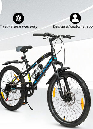 VESCO Hyper-X 24T MTB 7 Speed Gear Cycle for Boys & Girls | Dual Disc Brake | Front Suspension | 16 inch Frame | Ideal for Kids 10-12 Years Mountain Bike (Black) 