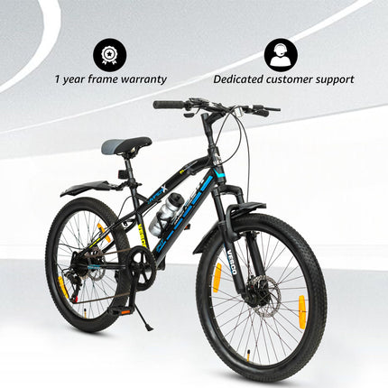 VESCO Hyper-X 24T MTB 7 Speed Gear Cycle for Boys & Girls | Dual Disc Brake | Front Suspension | 16 inch Frame | Ideal for Kids 10-12 Years Mountain Bike (Black) 