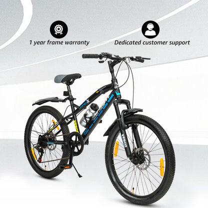 VESCO Hyper-X 24T MTB 7 Speed Gear Cycle for Boys & Girls | Dual Disc Brake | Front Suspension | 16 inch Frame | Ideal for Kids 10-12 Years Mountain Bike (Black) 