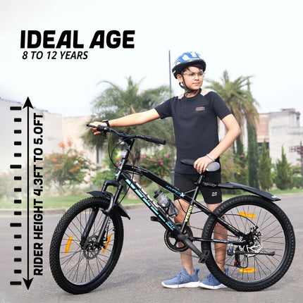 VESCO Hyper-X 24T MTB 7 Speed Gear Cycle for Boys & Girls | Dual Disc Brake | Front Suspension | 16 inch Frame | Ideal for Kids 10-12 Years Mountain Bike (Black) 