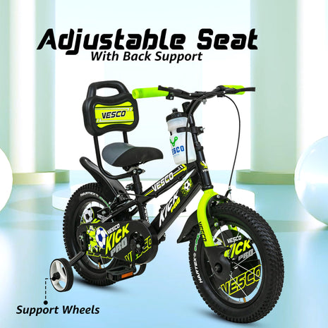 VESCO Kick Pro 14 T Kids Cycle with Balance Wheel & Back Rest Seat/Water Bottle | Frame 9 Inch | Ideal for 3 to 5 Years Boys & Girls (Green) 