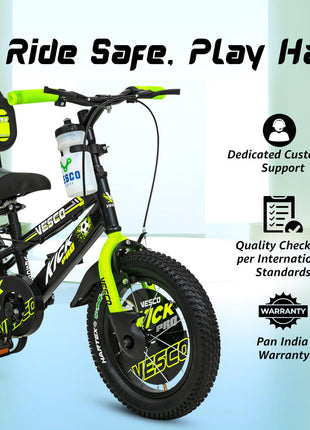 VESCO Kick Pro 14 T Kids Cycle with Balance Wheel & Back Rest Seat/Water Bottle | Frame 9 Inch | Ideal for 3 to 5 Years Boys & Girls (Green) 