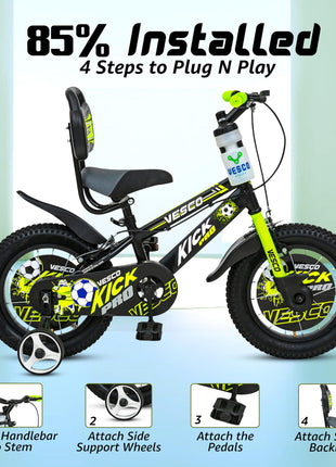 VESCO Kick Pro 14 T Kids Cycle with Balance Wheel & Back Rest Seat/Water Bottle | Frame 9 Inch | Ideal for 3 to 5 Years Boys & Girls (Green) 