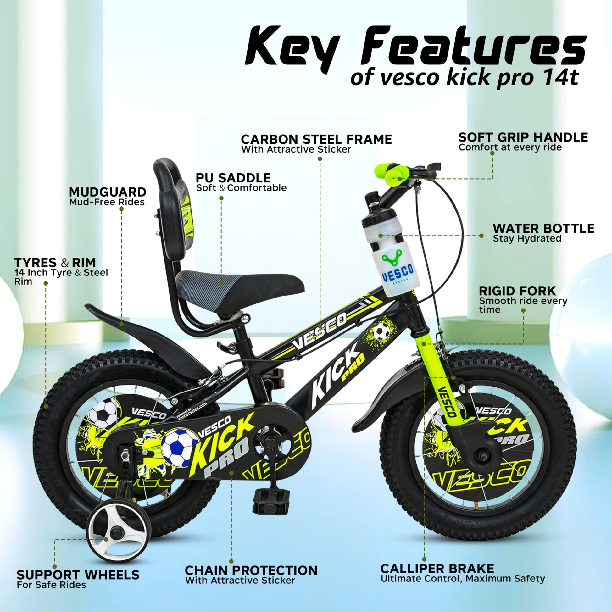 VESCO Kick Pro 14 T Kids Cycle with Balance Wheel & Back Rest Seat/Water Bottle | Frame 9 Inch | Ideal for 3 to 5 Years Boys & Girls (Green) 