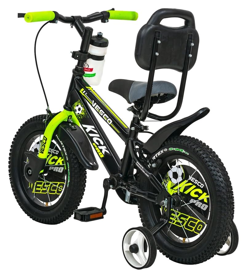 VESCO Kick Pro 14 T Kids Cycle with Balance Wheel & Back Rest Seat/Water Bottle | Frame 9 Inch | Ideal for 3 to 5 Years Boys & Girls (Green) 