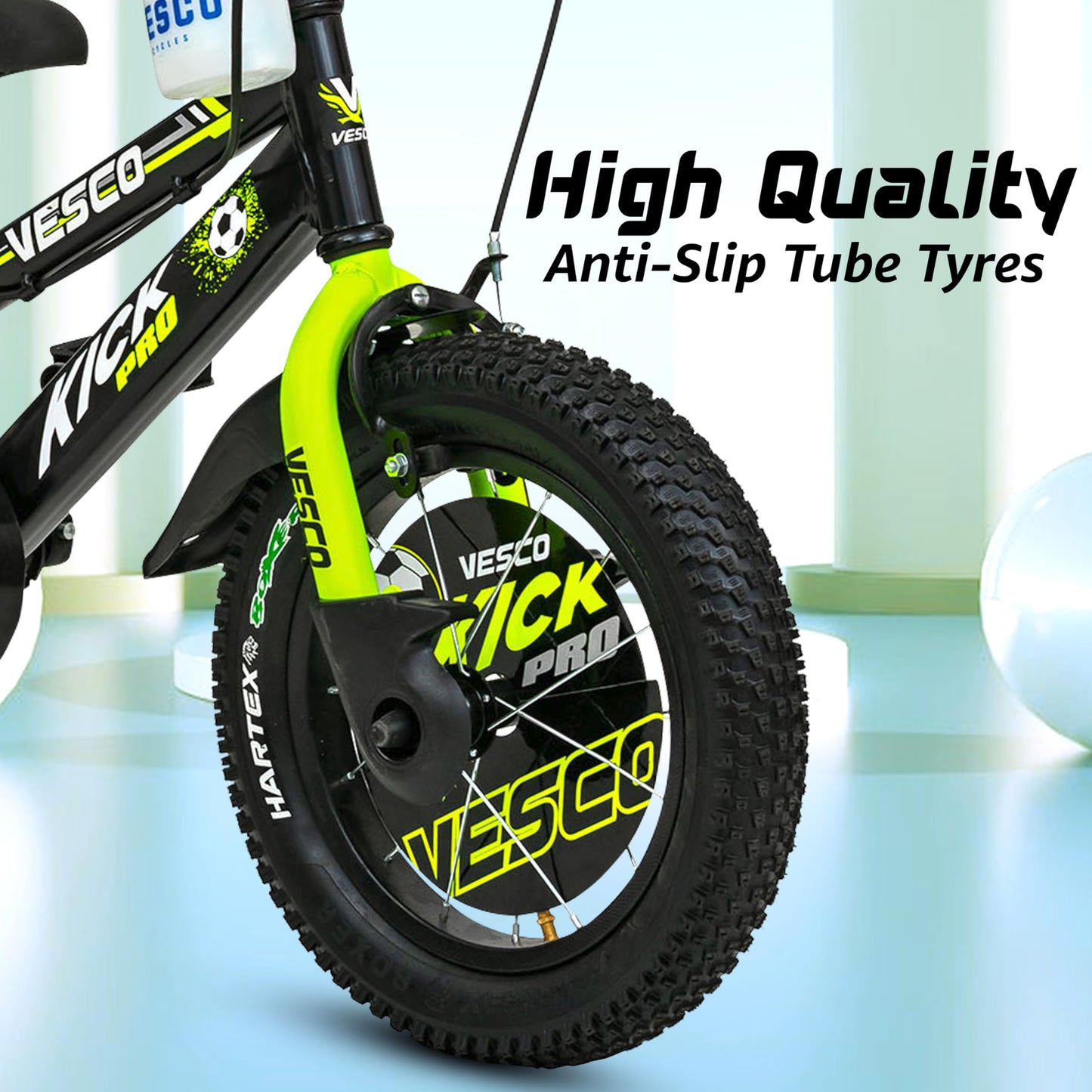 VESCO Kick Pro 14 T Kids Cycle with Balance Wheel & Back Rest Seat/Water Bottle | Frame 9 Inch | Ideal for 3 to 5 Years Boys & Girls (Green) 