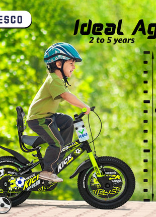 VESCO Kick Pro 14 T Kids Cycle with Balance Wheel & Back Rest Seat/Water Bottle | Frame 9 Inch | Ideal for 3 to 5 Years Boys & Girls (Green) 