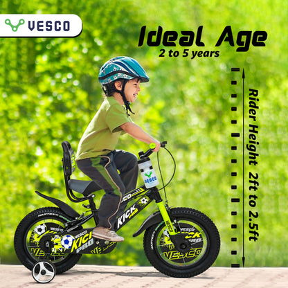 VESCO Kick Pro 14 T Kids Cycle with Balance Wheel & Back Rest Seat/Water Bottle | Frame 9 Inch | Ideal for 3 to 5 Years Boys & Girls (Green) 