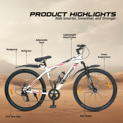 VESCO Leopard 27.5T MTB 7 Speed Gear Cycle for Men | Front Suspension | Dual Disc Brake | Frame 18 Inch | Mountain Bike | Ideal for 15+ Years Adult Men & Women (White) 