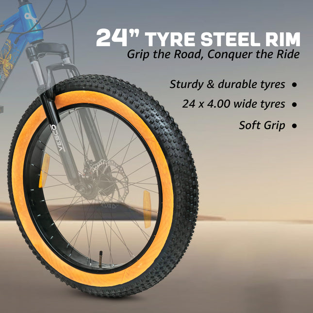 VESCO Stag 24T Fat Tyre Cycle for Boys, & Kids 15+, 21 Gears Cycle, Dual Disc Brakes, Front Suspension, Fitness & MTB Cycle (Blue, 24) 