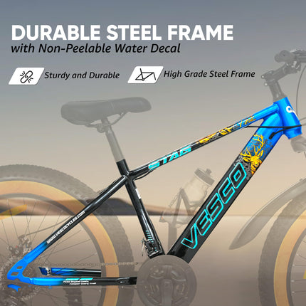 VESCO Stag 24T Fat Tyre Cycle for Boys, & Kids 15+, 21 Gears Cycle, Dual Disc Brakes, Front Suspension, Fitness & MTB Cycle (Blue, 24) 