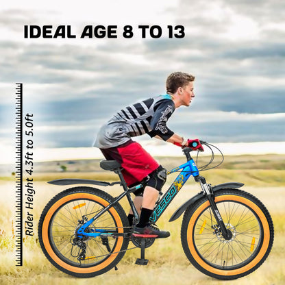 VESCO Stag 24T Fat Tyre Cycle for Boys, & Kids 15+, 21 Gears Cycle, Dual Disc Brakes, Front Suspension, Fitness & MTB Cycle (Blue, 24) 