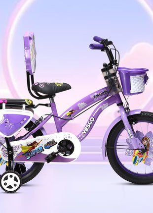 VESCO Super Girl 16T Cycle for Kids Girls with Balance Wheel & Back Carrier | Rigid Fork | Frame 11 Inch | Ideal for 4 to 6 Years Girls Kids Bike (Purple) 