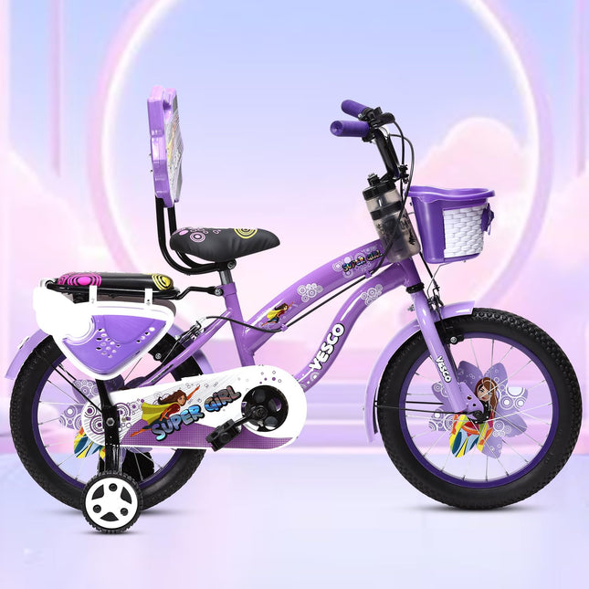 VESCO Super Girl 16T Cycle for Kids Girls with Balance Wheel & Back Carrier | Rigid Fork | Frame 11 Inch | Ideal for 4 to 6 Years Girls Kids Bike (Purple) 