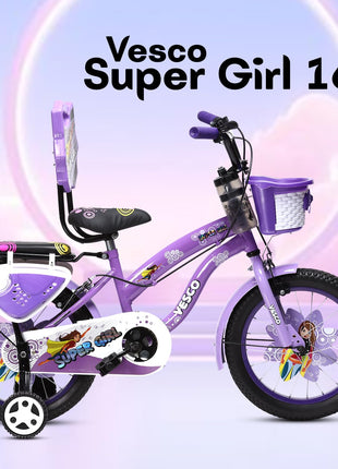 VESCO Super Girl 16T Cycle for Kids Girls with Balance Wheel & Back Carrier | Rigid Fork | Frame 11 Inch | Ideal for 4 to 6 Years Girls Kids Bike (Purple) 