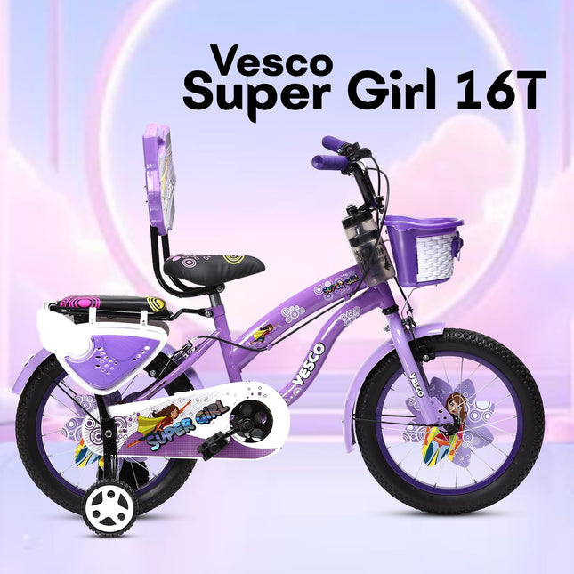 VESCO Super Girl 16T Cycle for Kids Girls with Balance Wheel & Back Carrier | Rigid Fork | Frame 11 Inch | Ideal for 4 to 6 Years Girls Kids Bike (Purple) 