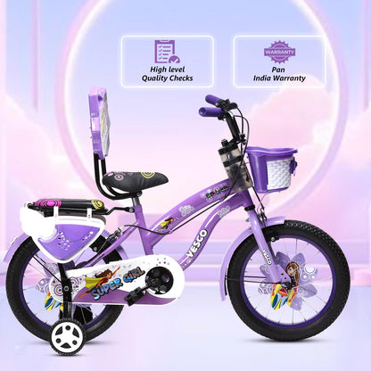 VESCO Super Girl 16T Cycle for Kids Girls with Balance Wheel & Back Carrier | Rigid Fork | Frame 11 Inch | Ideal for 4 to 6 Years Girls Kids Bike (Purple) 
