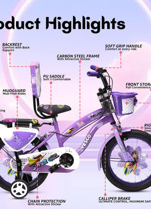 VESCO Super Girl 16T Cycle for Kids Girls with Balance Wheel & Back Carrier | Rigid Fork | Frame 11 Inch | Ideal for 4 to 6 Years Girls Kids Bike (Purple) 