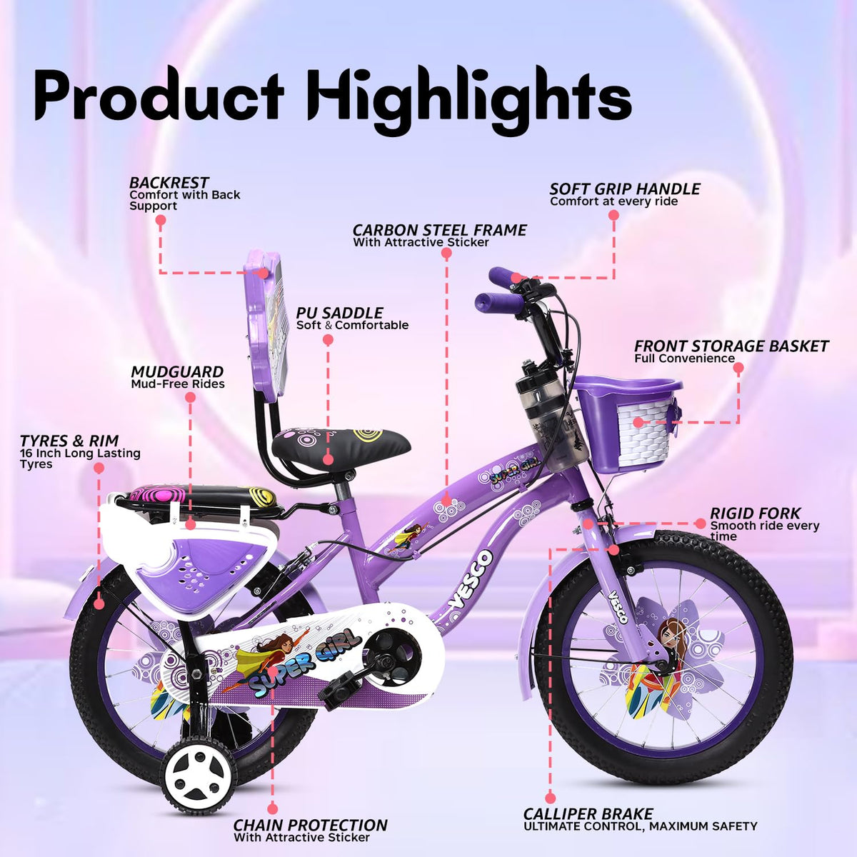 VESCO Super Girl 16T Cycle for Kids Girls with Balance Wheel & Back Carrier | Rigid Fork | Frame 11 Inch | Ideal for 4 to 6 Years Girls Kids Bike (Purple) 